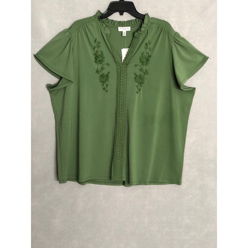 Rio & Rian Embroidered Top Ruffle Neck Vineyard Green Women's 3X NEW